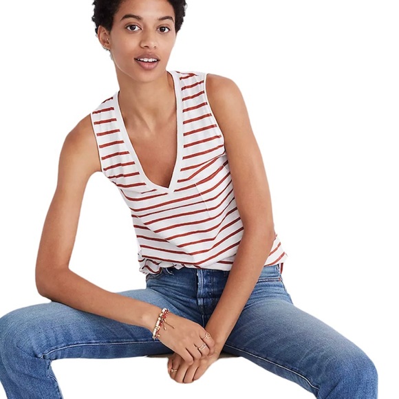 Madewell Tops - NWT Madewell White Red Striped Whisper Tank Top XXS Vneck Preppy Nautical